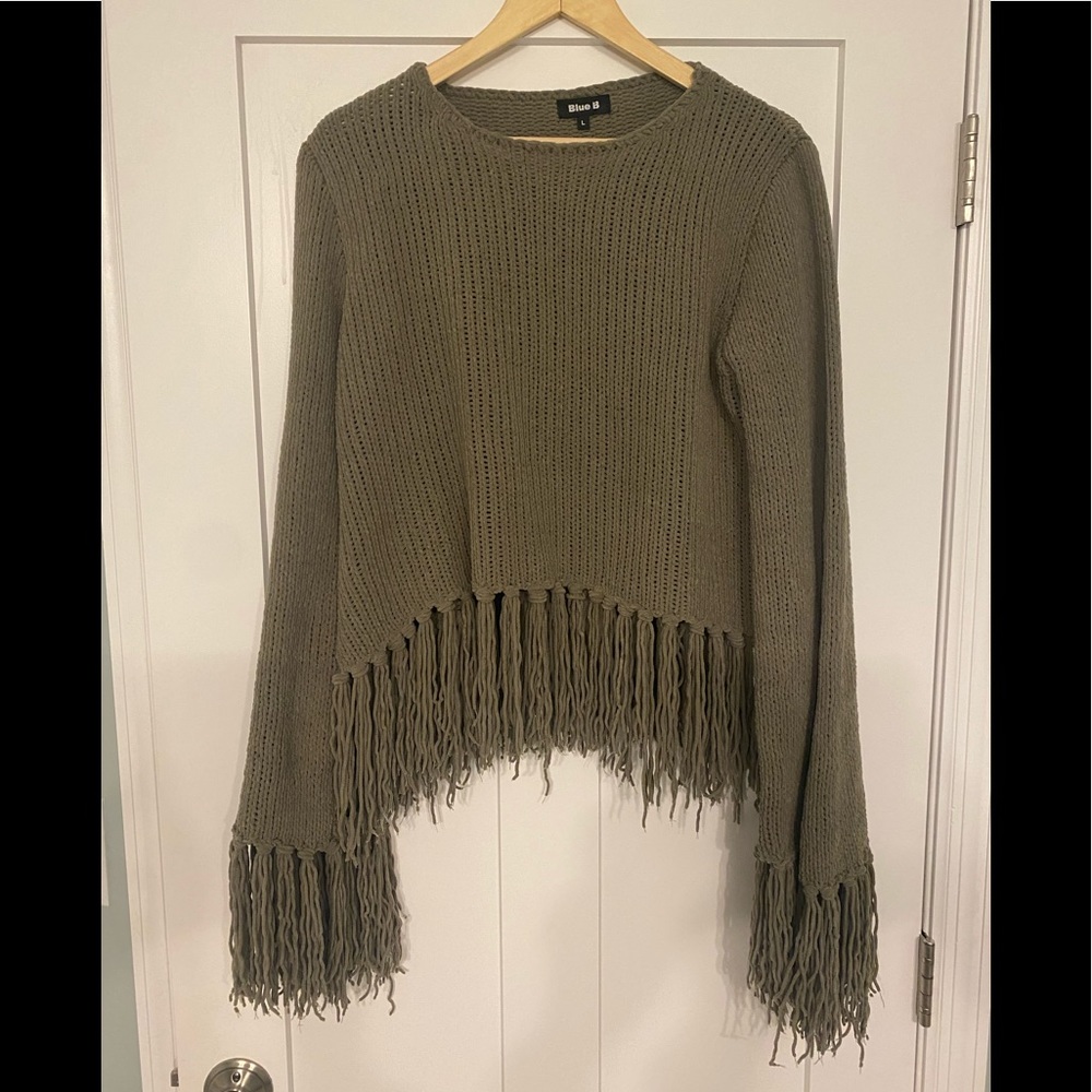 Blue B Dark green flared fringe sweater